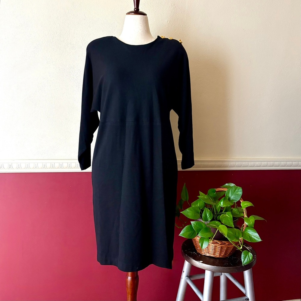 Vintage Collectibles Black 100% Wool Dress Gold Buttons M USA Made Dolman Sleeve